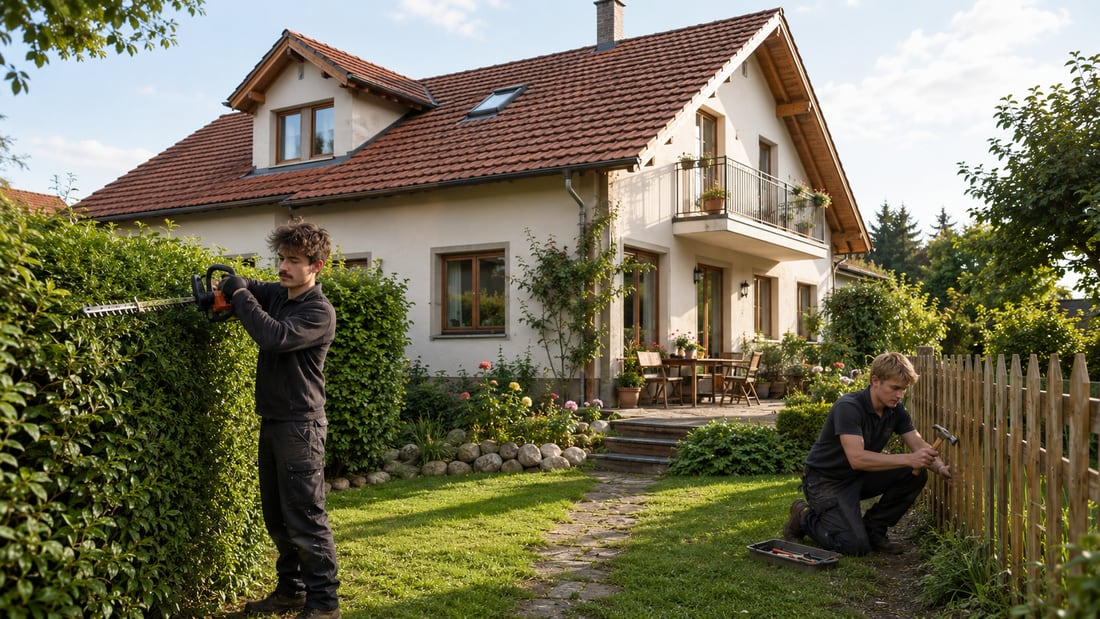 Zwei Handwerker bei der Arbeit an Hecke und Zaun vor einem Wohnhaus